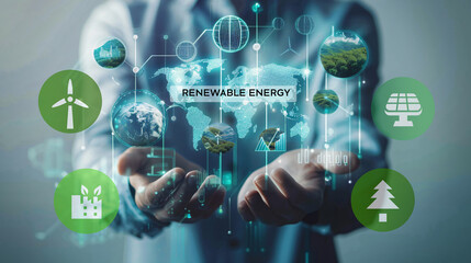 Businessman pressing renewable energy button on virtual screen. Green energy concept.