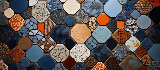 The picture showcases various types of tiles ranging from traditional cobblestone to modern electric blue glass, all contributing to the intricate patterns and symmetry of the flooring
