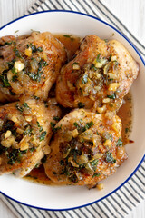 Homemade Garlic Brown Sugar Chicken in a Pan, top view. Overhead, from above, flat lay.