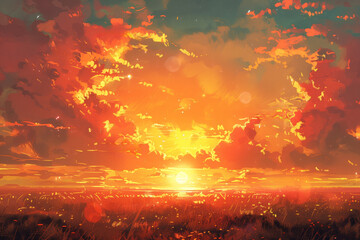 Vivid digital painting of a tranquil sunset with fiery clouds over a field, ideal as a vibrant background with ample space for text - obrazy, fototapety, plakaty