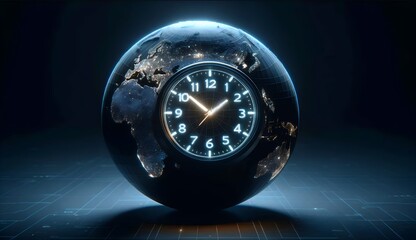 A globe with a clock integrated into its design - obrazy, fototapety, plakaty