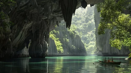 Photo sur Aluminium Kaki An anime-style artistic image features a realistic, detailed 3D Japanese animation of the Puerto Princesa Underground River National Park, appearing between the peaks.