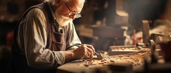 Elderly craftsman in glasses working with chisel while - obrazy, fototapety, plakaty