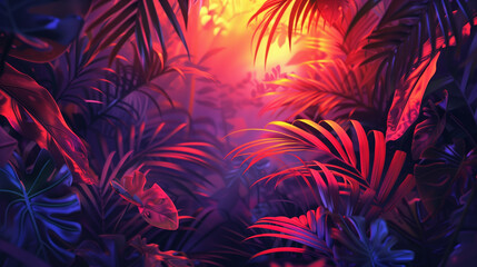 Fototapeta na wymiar Vibrant tropical jungle background with neon lit foliage and space for text, ideal for summer or nature-themed designs and advertisements