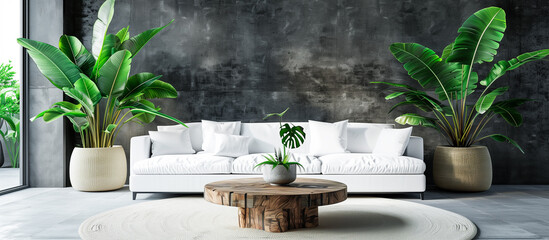 modern living room design with cement concrete exposed, wooden furniture and white sofa concept 