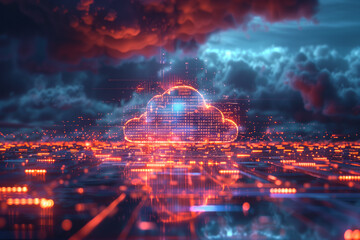 Futuristic digital cloud representation over a glowing network grid, symbolizing cloud computing and big data concept, with space for text
