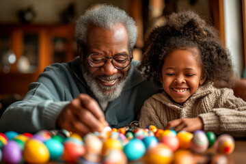 Obraz premium African American grandfather with granddaughter painting Easter eggs at home, preparing for Easter