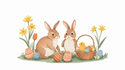 Obraz premium Easter bunnies with chick in basket and flowers isolated on white background. Watercolor illustration for design, greeting card, template, wallpaper, artwork, banner