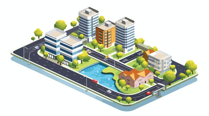 Cybonixxa isometric city buildings landscape. Road and river.