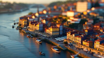 Tilt-shift photography of the Porto. Top view of the city in postcard style. Miniature houses, streets and buildings