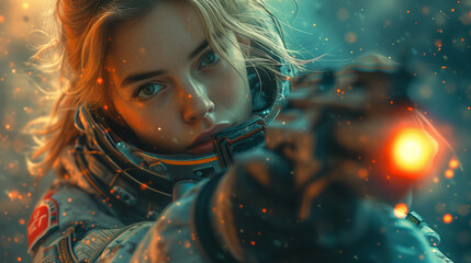 Futuristic Woman Soldiers with Sci-Fi Weapon in Hands Ready for the Battle, Fantasy Portrait of a Woman in Space - obrazy, fototapety, plakaty