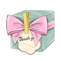 Flat hand drawn illustration of a dark green box with a pink ribbon bow and a "thank you" tag. Gift, compliment, souvenir or favor