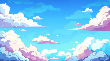 Colorful cartoon-style sky with fluffy clouds in shades of pink and blue, ideal as a serene background with space for text