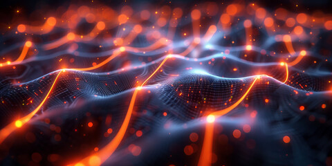 3D render of glowing network connections and neural networks on a black background,3d render abstract Futuristic grid wave background with gradient and dots.Shiny colorful wave flow particles texture 