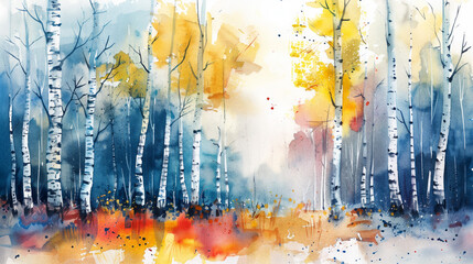 Vibrant watercolor landscape painting of a birch forest with colorful autumnal foliage, ideal for seasonal backgrounds with space for text