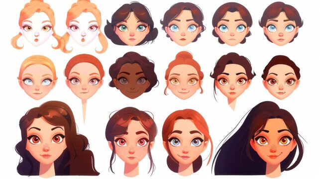 Modern of girl head elements set for emotion generator. Woman face construction kit with cartoon facial parts for creating young female avatars.
