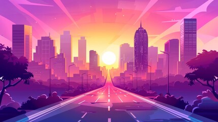 An illustration of a sunrise or sunset city landscape. In the background, a road leads to high rise modern buildings with apartments, offices, and stores. A modern illustration of a city street with