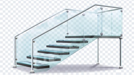 Modern realistic illustration of plexiglass fence on metal poles, 3D plastic barrier for balcony, home or office interior. Pictures of glass handrails isolated on a transparent background.