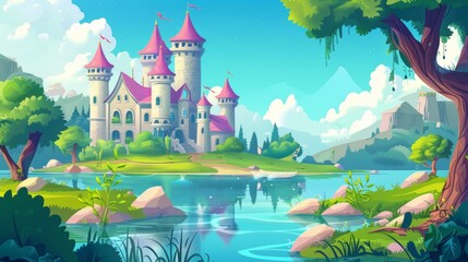 A fairytale castle with a pink roof and towers on a lake shore. Cartoon modern of a fantasy summer landscape with a princess palace near a pond and hills.