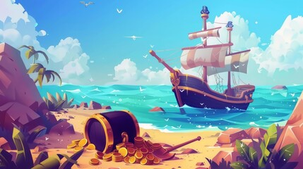 A black flagged ship landed and buried treasure. Cartoon barrel containing gold coins and diamond jewelry and a shovel on sand beach where corsair boat is floating.