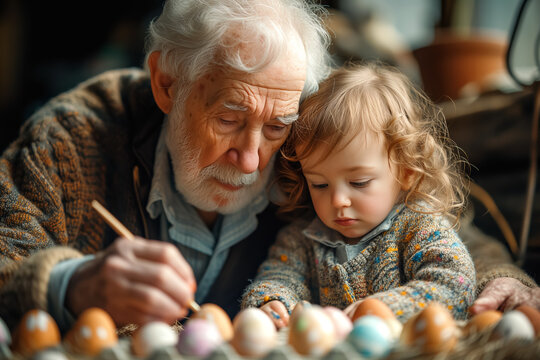 affectionate moment between grandfather with grandchild which painting Easter eggs at home