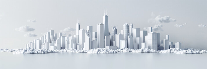 Fototapeta na wymiar Abstract monochromatic cityscape with minimalist white buildings and clouds, ideal for modern background with ample copy space