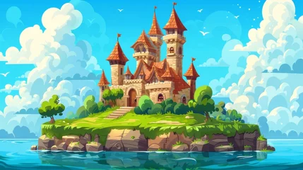 Keuken spatwand met foto The fairytale castle stands on an island in the sea or lake surrounded by green grass and blue sky. King's medieval home. Cartoon modern landscape of ancient fantastic palace with towers. © Mark