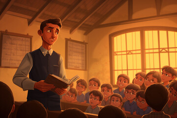 Smiling teacher standing confidently in a sunny classroom with students in the background