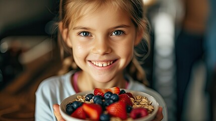 A young girl is holding a bowl of fruit, including strawberries and blueberries