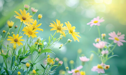 spring flowers on blurred green background. Copy space