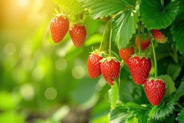 A bunch of red strawberries hanging from a plant - Powered by Adobe
