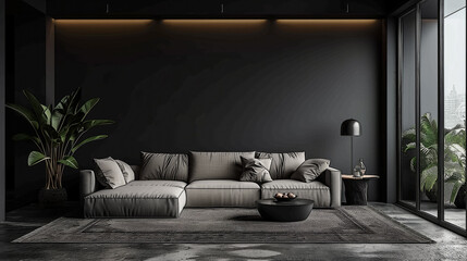 Modern minimalist living room interior with a comfortable sectional sofa, elegant decor, potted plants, and ample negative space for text on the dark wall background