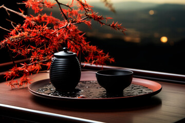 Traditional tea ceremony setup with a black pot and cup, complemented by fiery red leaves - 757042917