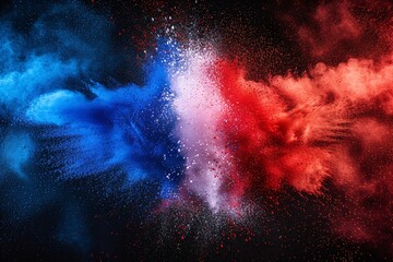 Vibrant French tricolor bursts with holi powder on white background, representing travel and celebration in Europe. - obrazy, fototapety, plakaty