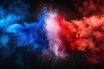 Fotobehang Vibrant French tricolor bursts with holi powder on white background, representing travel and celebration in Europe. © ckybe