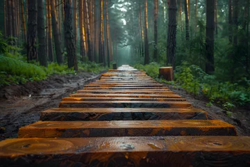 Foto op Plexiglas Wooden Path Among Trees in Forest © D