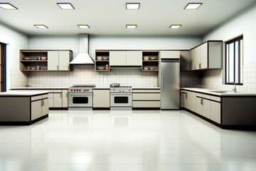 Spacious kitchen with white and brown cabinetry and modern appliances. - 757042957