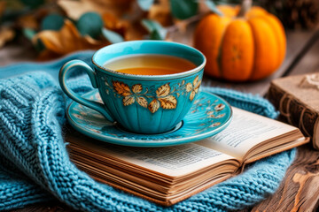 A cozy scene with a blue vintage teacup on a saucer, an open book, and a knitted throw, evoking a sense of warmth and comfort. - 757042982