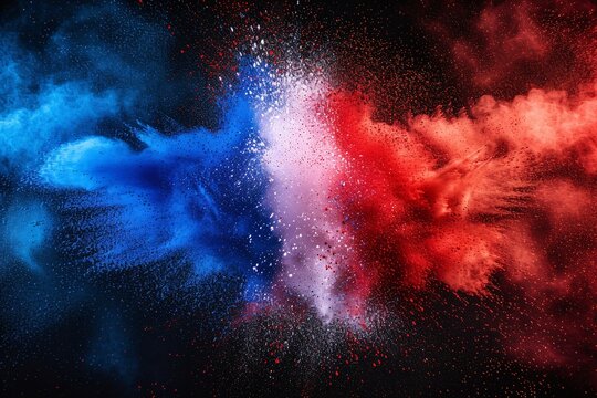 Vibrant French tricolor bursts with holi powder on white background, representing travel and celebration in Europe.
