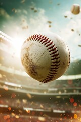 Fototapeta na wymiar Baseball ball flying in an empty stadium 