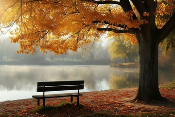 A bench is sitting by a lake with a tree in the background
