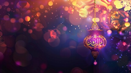 Celebrate Eid with a stunning illustration of an illuminated Arabic lamp and hand-drawn calligraphy lettering on a blurred background. - obrazy, fototapety, plakaty