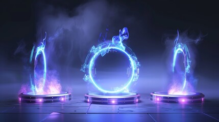 The neon game portal features a smoke and glow effect. A realistic modern illustration set shows beams and steam for gui concept. A cyberpunk futuristic round port is also shown with rays and fog.