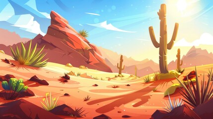 AZ desert landscape with brown rocks, sand dunes, green cactus and grass, dry tree on bright sunny day. Cartoon modern illustration of drought-stricken landscape with wild grass, cacti, and rocks.