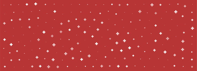 White plus symbols of different sizes and opacity on red background. Abstract pattern of medical cross or mathematical plus pictogram. Vector illustration on cyan background with stars.