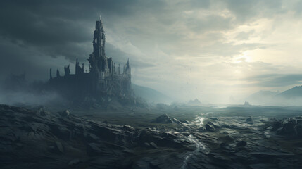 An ancient ruin in a surreal landscape    .