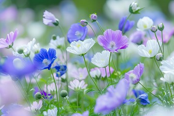 A field of flowers with a mix of purple and white blooms