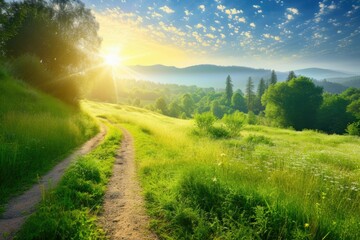A beautiful, sunny day in a lush green field with a road leading through it