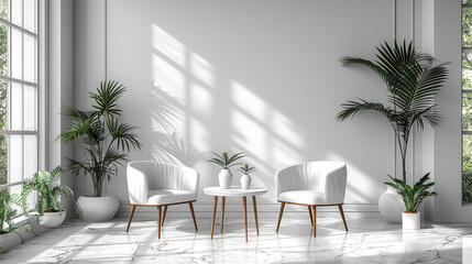 A modern dining setup featuring sleek white furniture and minimalist plant decorations on a white background, exuding elegance and simplicity.  - obrazy, fototapety, plakaty