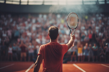 A male professional tennis player seen from behind greeting the crowd after winning a major clay court tennis tournament - 757044129